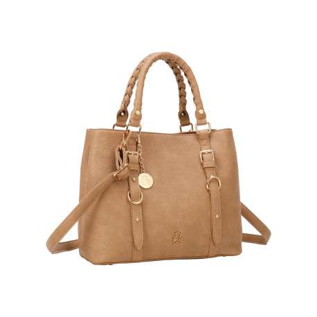 Sac à main beige uni avec une bandoulière ajustable et deux compartiments - Image 4