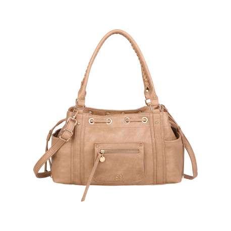 Sac à main porté épaule beige uni muni d'une fermeture à zip