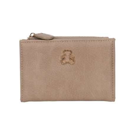 Portefeuille taupe uni muni d'une fermeture à zip et à bouton pression