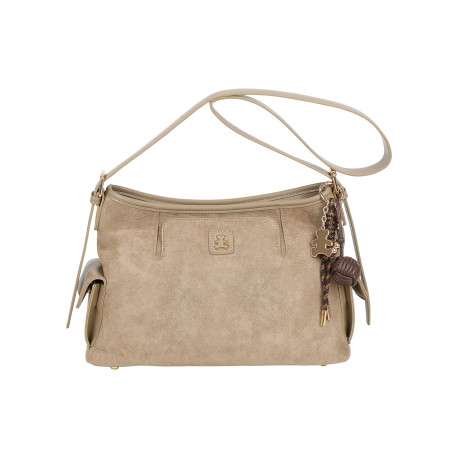 Sac à main porté épaule taupe uni avec une anse réglable et une fermeture à zip