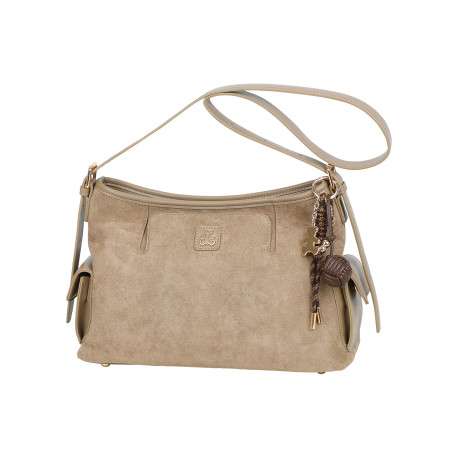 Sac à main porté épaule taupe uni avec une anse réglable et une fermeture à zip - Image 4
