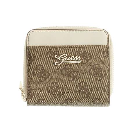 Portefeuille beige à imprimé monogramme avec fermeture à zip et à pression