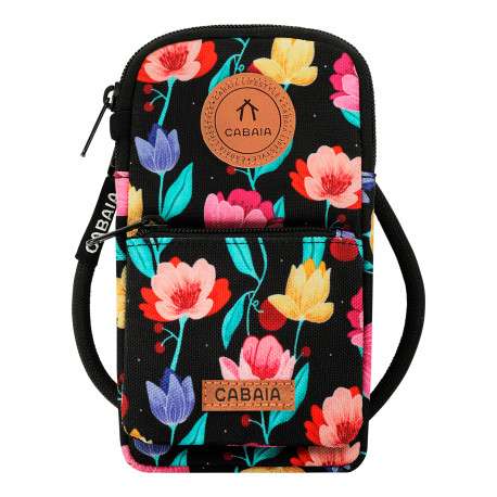 Étui de téléphone Phone Bag Genoa noir à motif floral pourvu d'une bandoulière