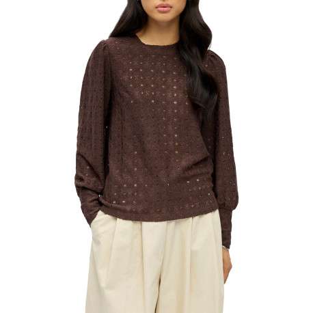 Blouse marron à coupe droite pourvue d'un col rond et de manches longues - Image 2