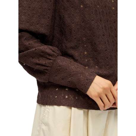 Blouse marron à coupe droite pourvue d'un col rond et de manches longues - Image 4