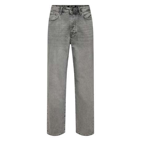Jean gris en coton avec une coupe wide leg muni d'un zip et d'un bouton