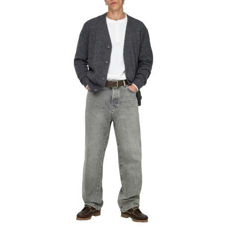 Jean gris en coton avec une coupe wide leg muni d'un zip et d'un bouton - Image 3