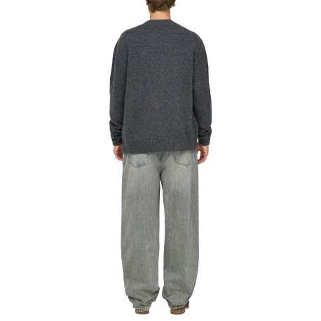 Jean gris en coton avec une coupe wide leg muni d'un zip et d'un bouton - Image 4