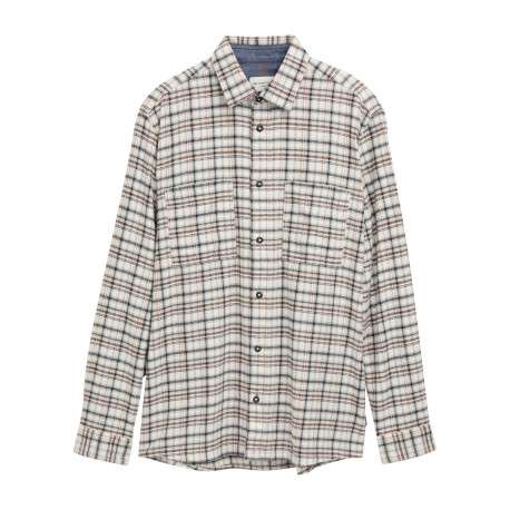 Chemise en coton beige à carreaux contrastés pourvue d'un col à revers
