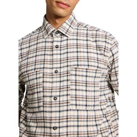 Chemise en coton beige à carreaux contrastés pourvue d'un col à revers - Image 4