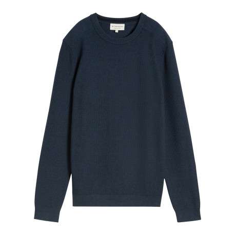 Pull en coton bleu à coupe ajustée pourvu d'un col rond côtelé
