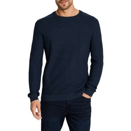 Pull en coton bleu à coupe ajustée pourvu d'un col rond côtelé - Image 2