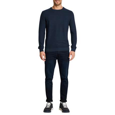 Pull en coton bleu à coupe ajustée pourvu d'un col rond côtelé - Image 5