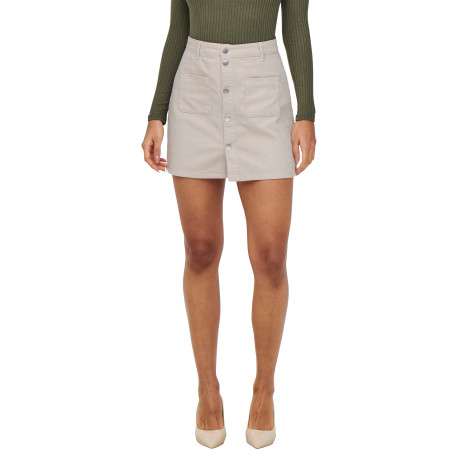 Jupe courte en coton beige unie avec une coupe trapèze et des boutons - Image 3