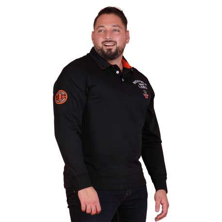 Polo en coton biologique noir à imprimé avec une coupe droite et un col à revers