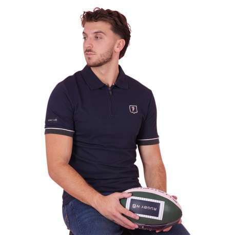 Polo en coton marine à imprimé avec une coupe droite et un col à revers zippé