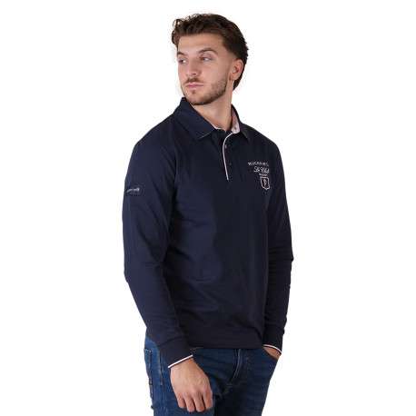 Polo en coton marine à imprimé avec une coupe droite et un col à revers