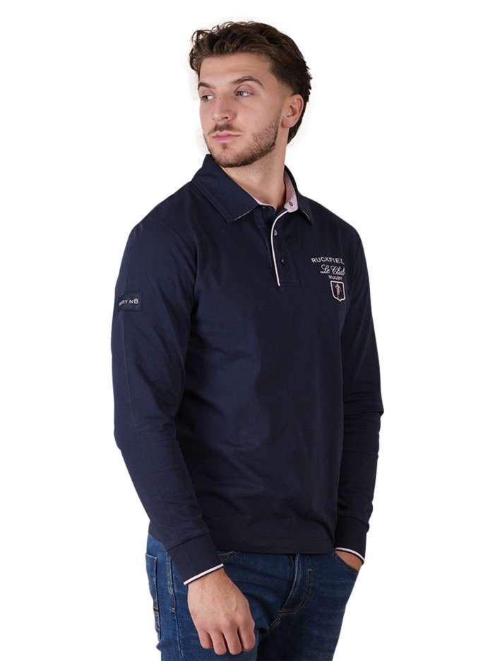 Polo en coton marine à imprimé avec une coupe droite et un col à revers
