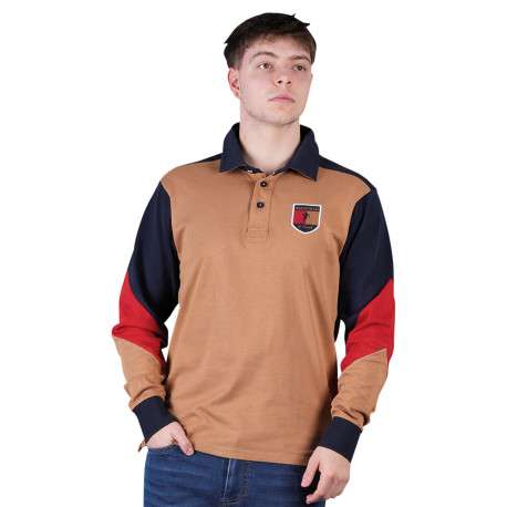 Polo en coton biologique camel à imprimé avec une coupe droite