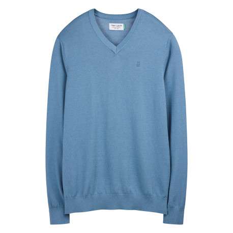 Pull bleu uni avec une coupe droite et des manches courtes