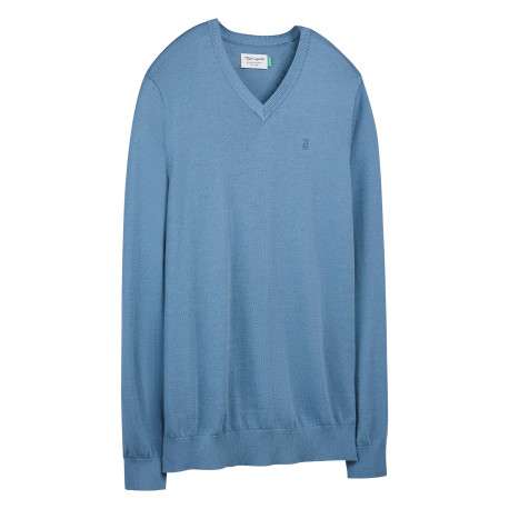Pull bleu uni avec une coupe droite et des manches courtes - Image 3