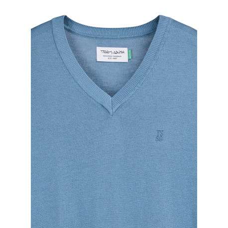 Pull bleu uni avec une coupe droite et des manches courtes - Image 4