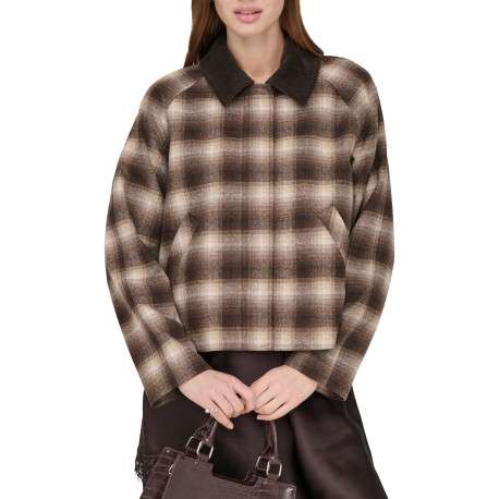 Manteau marron à carreaux avec une coupe droite et un col à revers - Image 3