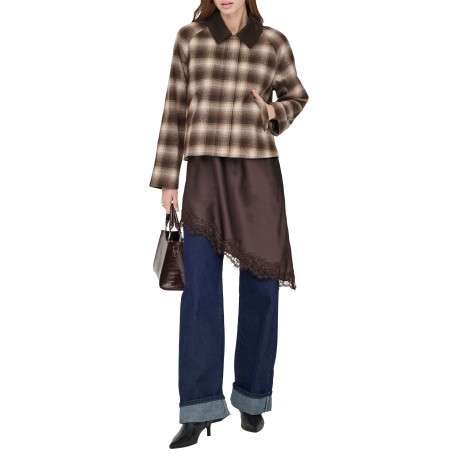Manteau marron à carreaux avec une coupe droite et un col à revers - Image 5