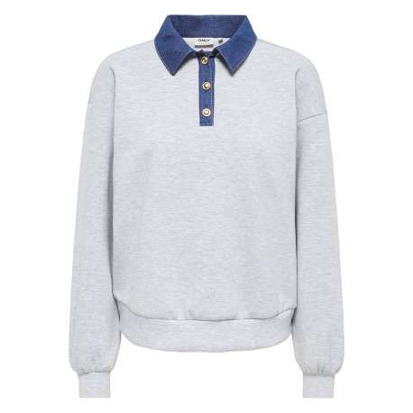Sweat gris clair uni avec une coupe droite et un col boutonné de polo