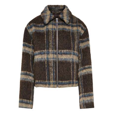 Veste marron à carreaux avec une coupe droite et des manches longues