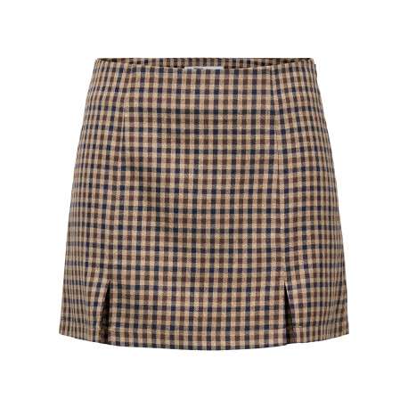 Jupe courte beige à carreaux avec une coupe droite et une fermeture zippée