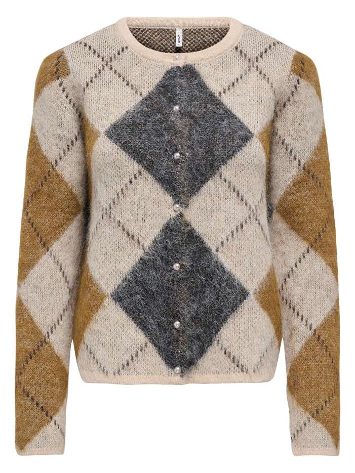 Pull beige à carreaux avec une coupe droiteet des manches longues