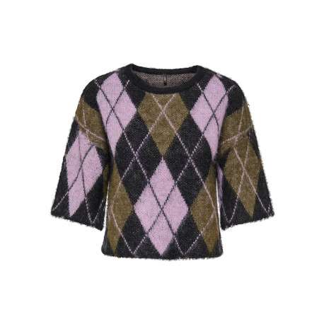 Pull multicolore à carreaux avec une coupe droite et des manches 3/4