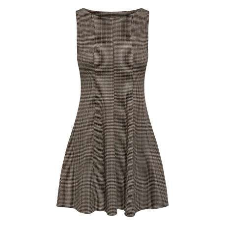 Robe courte beige à carreaux avec une coupe patineuse et sans manche