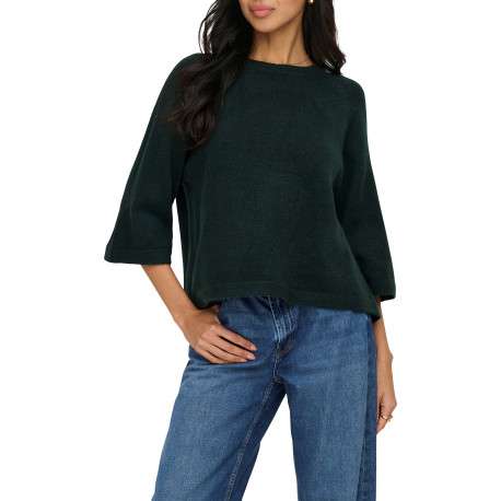 Pull vert uni avec un col rond bord-côte et des manches longues - Image 3