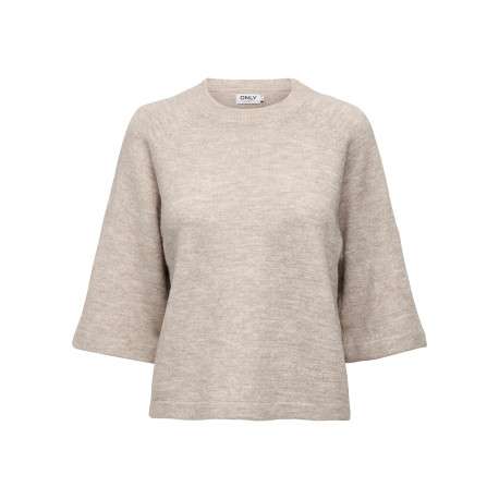 Pull beige uni avec un col rond bord côte et des manches longues