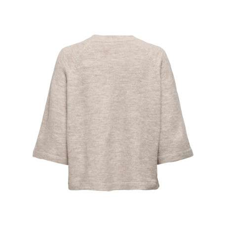 Pull beige uni avec un col rond bord côte et des manches longues - Image 2