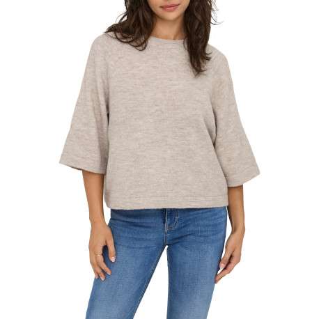 Pull beige uni avec un col rond bord côte et des manches longues - Image 3