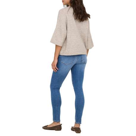 Pull beige uni avec un col rond bord côte et des manches longues - Image 4