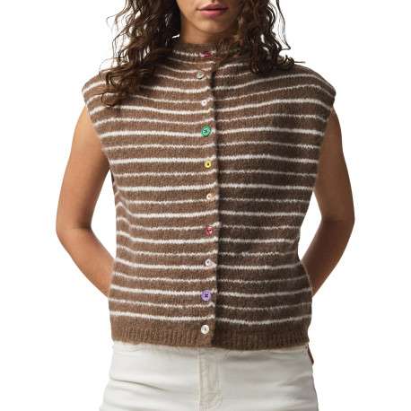 Gilet marron à rayures avec une coupe droite et un col montant