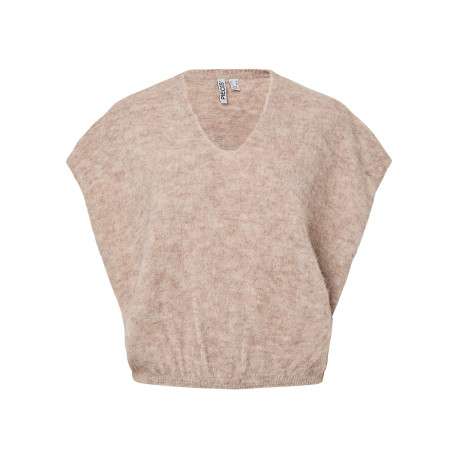 Pull taupe uni à coupe droite avec un col v et sans manche