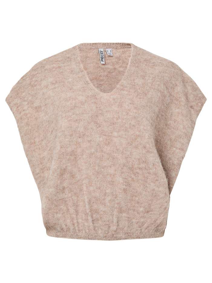 Pull taupe uni à coupe droite avec un col v et sans manche