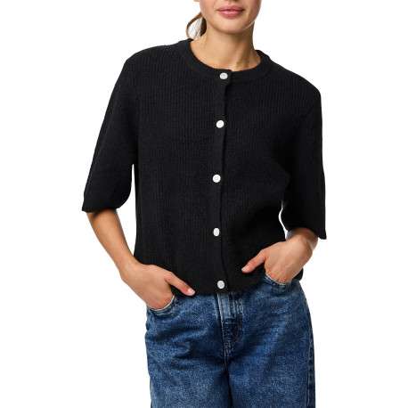 Gilet noir uni avec une coupe droite et un col rond muni de boutons - Image 3