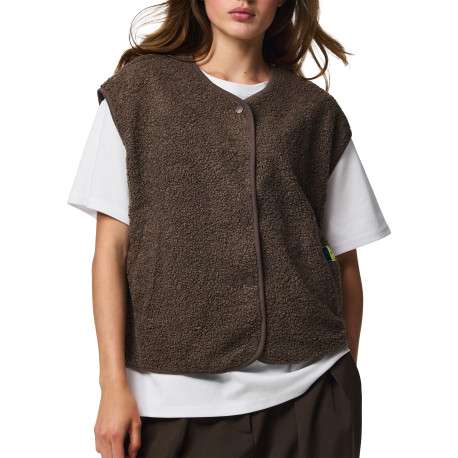Gilet taupe uni à coupe droite avec un col V et une fermeture à pressions