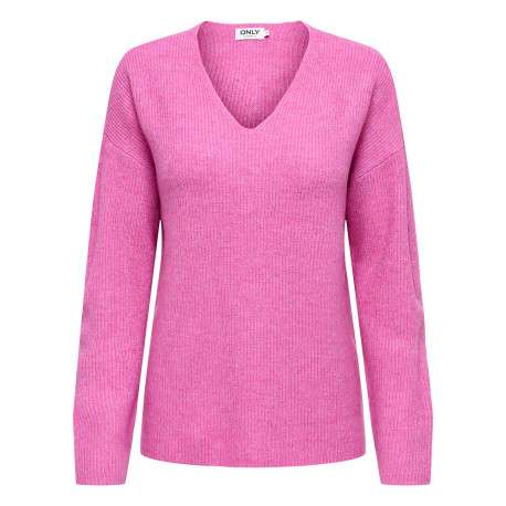 Pull rose uni avec une coupe droite un col V et des manches longues