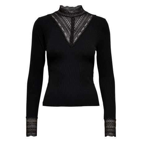 Top noir uni avec une coupe ajustée et de la dentelle au col