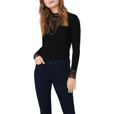 Top noir uni avec une coupe ajustée et de la dentelle au col - Image 3
