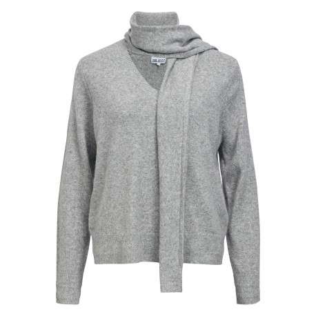 Pull gris à coupe droite pourvu d'un col V avec écharpe intégrée
