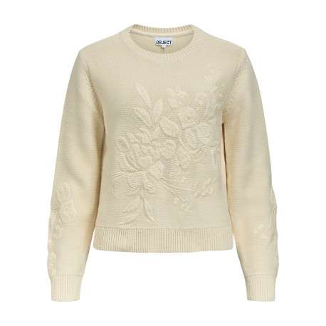 Pull écru à coupe droite orné de broderies florales ton sur ton