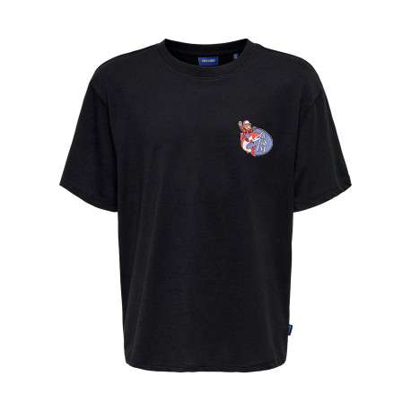 T-shirt en coton biologique noir à imprimé avec une coupe droite et un col rond